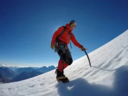 A full-body shot of a mountaineer in full winter gear traversing a steep, snowy mountain face with an ice axe in hand for balance.