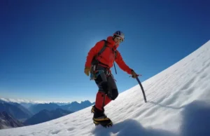 Ice Axes for Mountaineering: Definitive 2025 Buyer’s Guide A full-body shot of a mountaineer in full winter gear traversing a steep, snowy mountain face with an ice axe in hand for balance.
