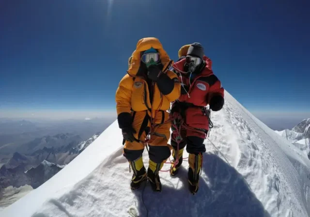 Full-body shot of two climbers in full mountaineering gear roped together, crossing a narrow snow ridge high in the Himalayas.