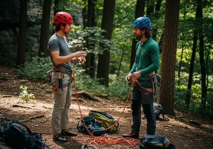 Two fully-equipped climbers in a full-body shot discuss their different belay devices at the base of a crag before starting their climb.