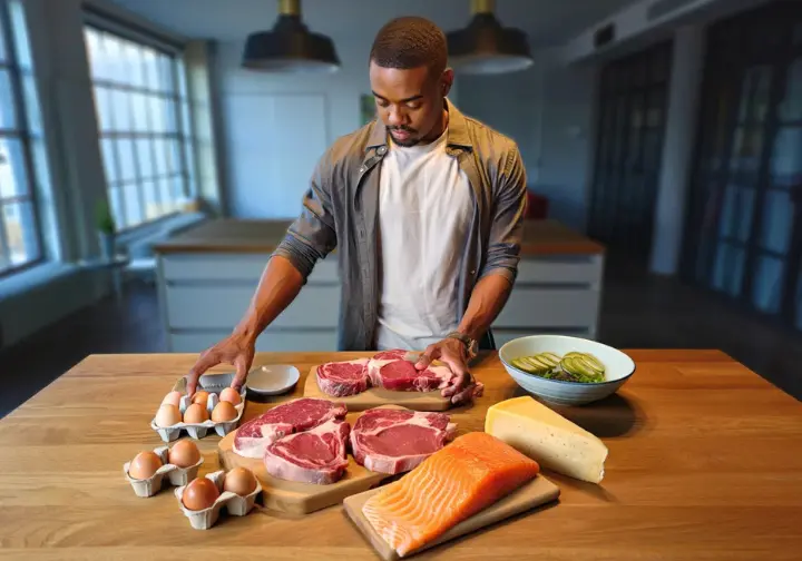 A person in a kitchen stands before a spread of carnivore diet foods, including steak, salmon, and eggs, illustrating the diet's foundational principles.