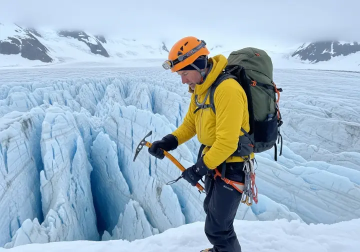 A full-body view of a mountaineer standing on a glacier, taking an ice axe off their backpack before continuing the climb.
