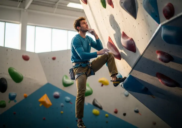 A male climber in a full-body shot pauses on an overhanging climbing wall to plan his next move.