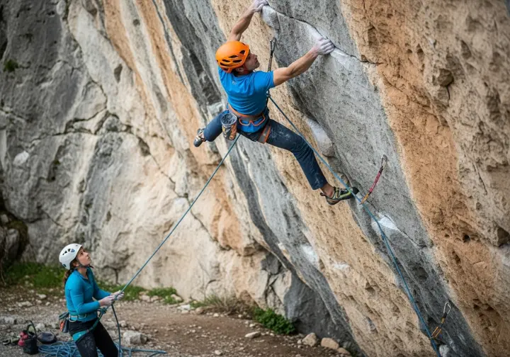 Full-body action shot of a climber in a helmet making a difficult move on a steep rock face, with their belayer visible at the bottom.