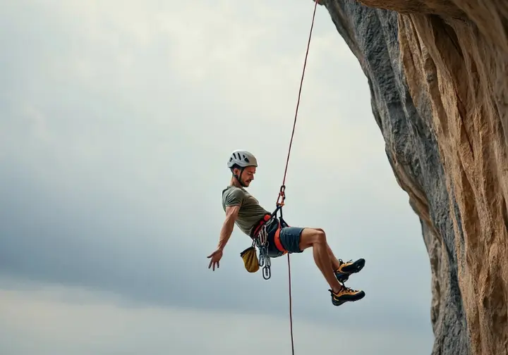 A climber in a helmet and harness hangs safely on a dynamic rope after a fall, demonstrating the rope's life-saving stretch.