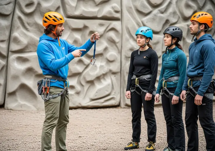 A climbing guide in a full-body shot explains the features of a quickdraw to two beginner climbers at the base of a crag.
