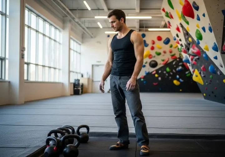 A male climber stands in a gym's workout area, looking at kettlebells, illustrating the concept of supplemental strength training.