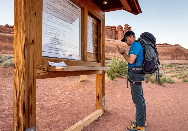 A climber wearing a backpack stops to read the official climbing regulations posted on a kiosk at a trailhead in Arches National Park.
