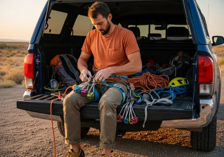 A climber in a full-body shot sits on a truck tailgate, organizing a new rack of climbing cams onto a harness.