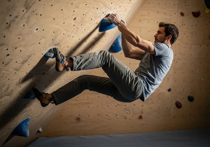 A climber shown in a full-body view uses a rear flag technique to maintain balance while reaching on a bouldering wall.
