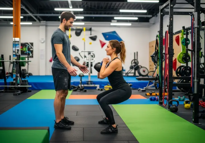 Two climbers in full-body view work out together; a woman does a goblet squat while a man spots her in a gym setting.