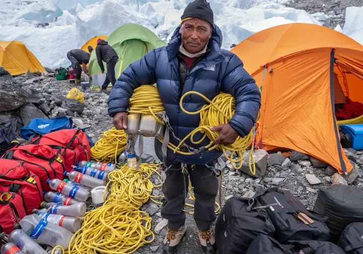 A Sherpa guide in a full-body shot organizes rows of oxygen bottles and climbing gear at Everest Base Camp, showing expedition logistics.