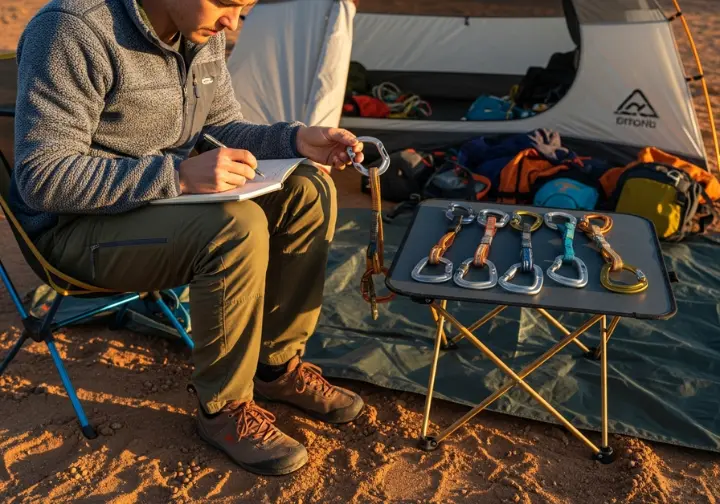 A full-body shot of a gear reviewer at a campsite comparing different quickdraws laid out on a table and taking notes.