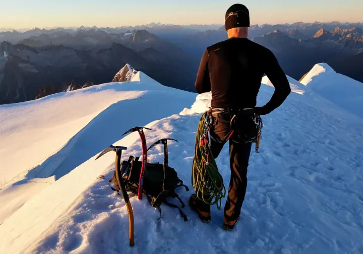Three different ice axes laid out on the snow in the foreground, with a fully geared mountaineer seen from the back looking out at a mountain range.