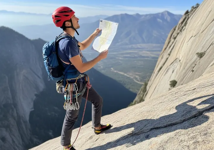 A climber in full multi-pitch gear stands on a high ledge, consulting a topo map to navigate the next section of their climb.