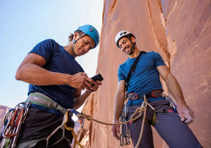 Two climbers in helmets and harnesses stand at the base of a sandstone tower in Arches, checking a smartphone before starting their climb.