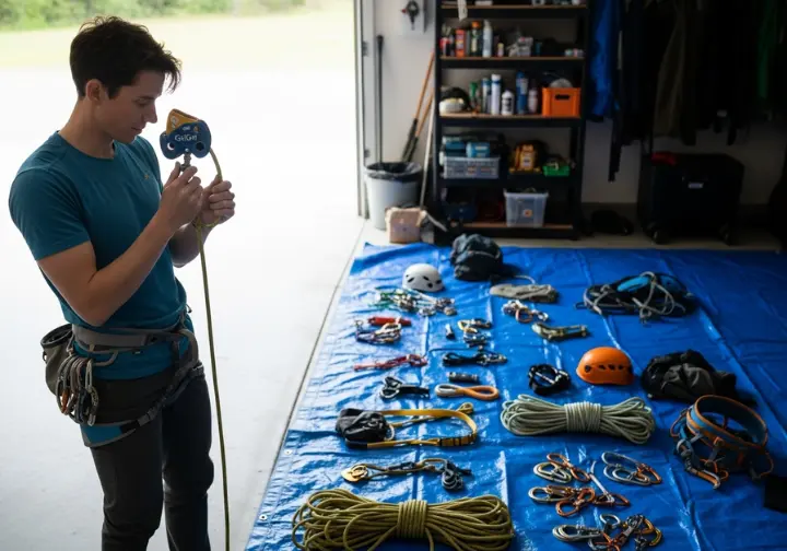 A person in casual clothes stands indoors, carefully inspecting a belay device, with other climbing gear laid out on the floor for maintenance.