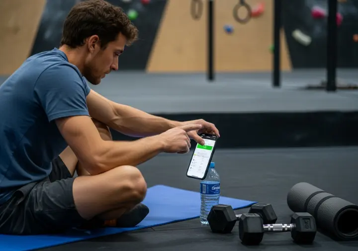 A full-body shot of a climber looking at a workout plan on their smartphone before starting a strength session in a gym.