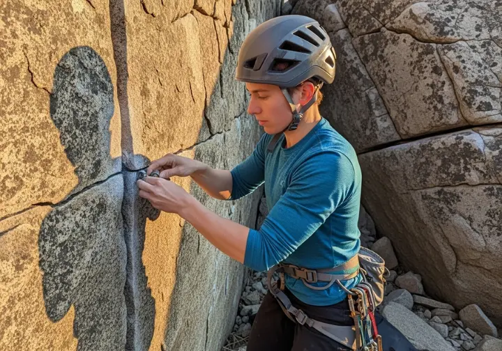 A full-body view of a climber in a helmet practicing placing a climbing nut into a crack in a boulder at the base of a crag.
