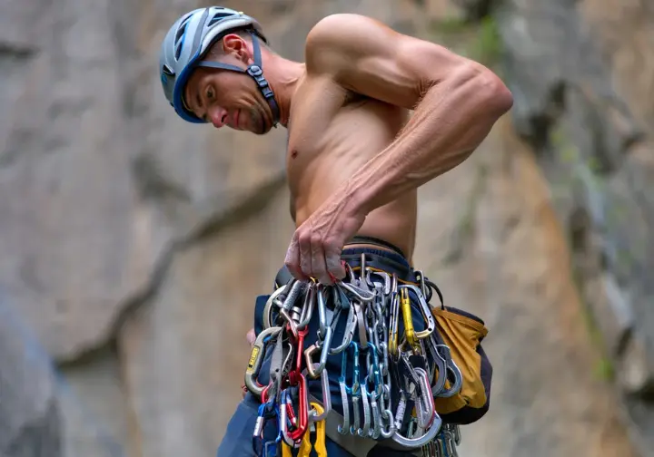 A climber in a full-body view stands fully equipped with a harness laden with specialized essential aid climbing gear like aiders and hooks.
