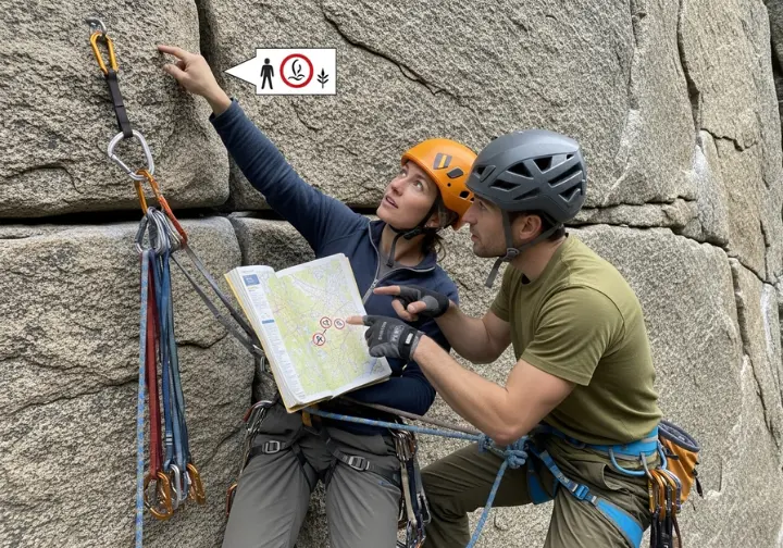 Full-body shot of two climbers at a hanging belay, pointing from a symbol in a guidebook to a corresponding corner feature on the rock above.