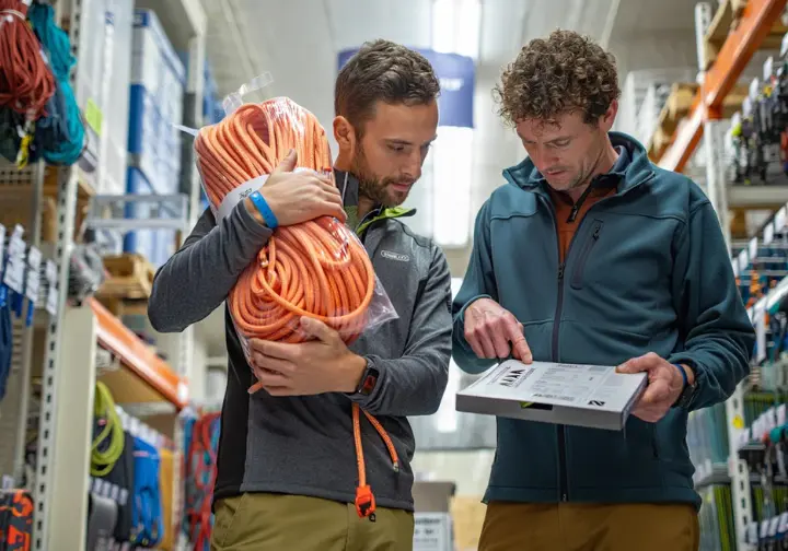 Two fully-clothed people in a gear store looking closely at the safety specification label on a new climbing rope's packaging.