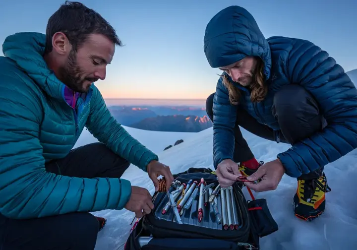 Full-body shot of two alpinists in puffy jackets organizing their minimalist rack of climbing gear on a snowy ledge at dawn.