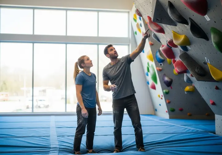 Two climbers in full-body view stand in front of a bouldering wall, discussing and planning the route.