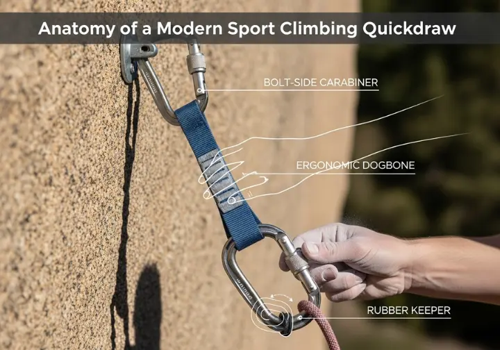 A detailed diagram illustrating the anatomy of a modern sport climbing quickdraw against a realistic rock cliff, showing the bolt-side carabiner, the rope-side carabiner being clipped, the ergonomic dogbone, and the internal rubber keeper.