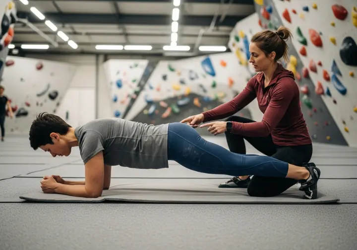 One climber coaches another on perfect plank form in a gym, both shown in a full-body view to emphasize proper alignment.