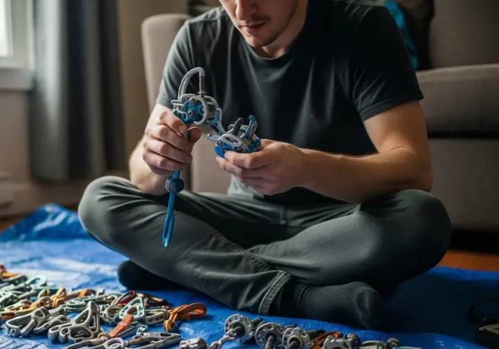 A person in a full-body shot sits on the floor inspecting their climbing cams, which are laid out on a tarp for maintenance.