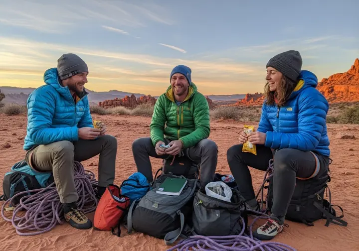 Three climbers in full-body view relax and socialize at the base of a desert climbing area during a beautiful sunset, capturing the soul of climbing culture.