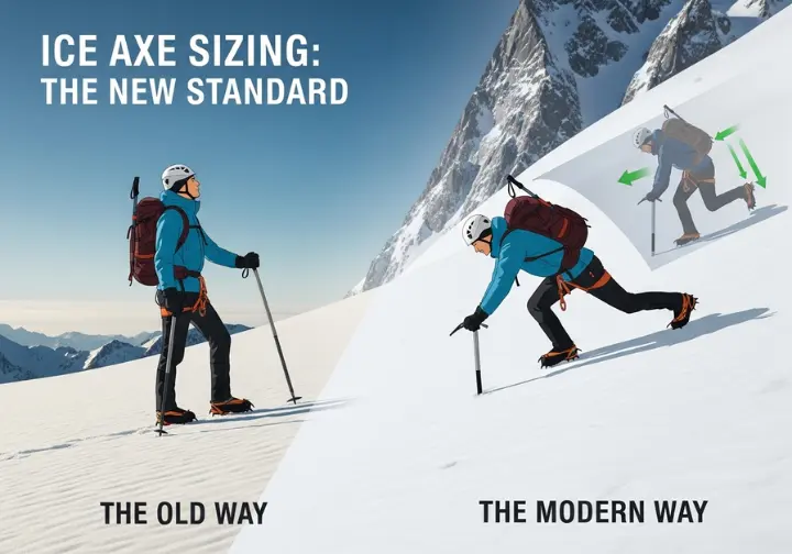 A side-by-side infographic comparing the outdated "ankle rule" for ice axe sizing with the modern method, visually demonstrating why a shorter axe provides better safety and control on steep terrain.