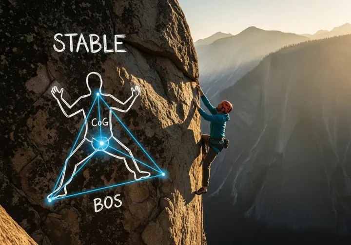 A visual diagram explaining the physics of a "barn door" in rock climbing, with the explanation presented as chalk drawings on a cliff face next to a climber.