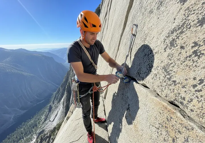 A full-body shot of a climber on a high belay ledge building a secure anchor with three climbing cams and a cordelette.