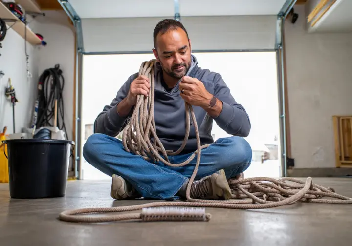 A person in casual clothes sits on their garage floor, carefully running a climbing rope through their hands to inspect it for wear.