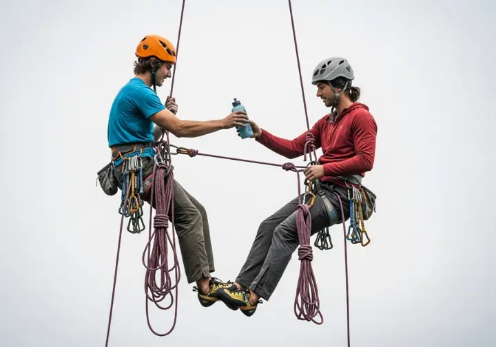 Two climbers in full-body view demonstrate safe and responsible practices at a well-organized hanging belay station high on a rock wall.