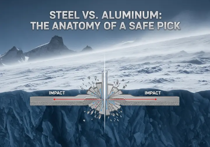 A side-by-side infographic visually comparing a sharp steel ice axe pick penetrating hard ice versus a thicker aluminum pick bouncing off the surface, demonstrating the safety difference.
