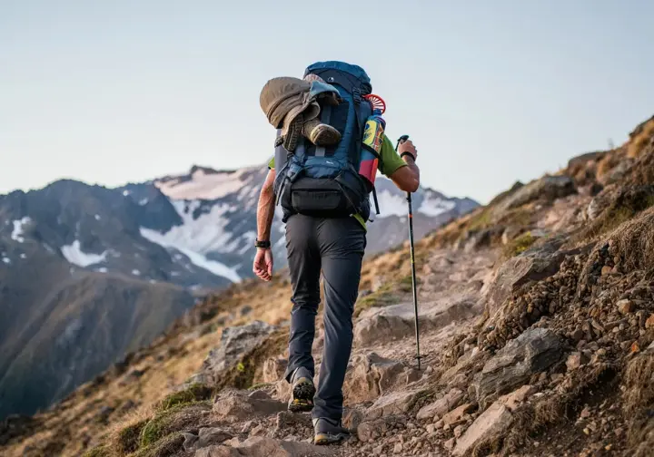 Full-body shot of a person on a steep mountain trail, carrying a large, heavy backpack as part of their training for a major expedition.