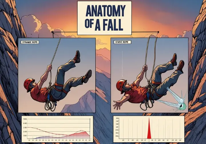An infographic titled "Anatomy of a Fall" comparing the effects of a fall on a dynamic rope, which stretches to safely absorb force, versus a static rope, which results in a dangerously abrupt stop, illustrated with corresponding force-over-time graphs.