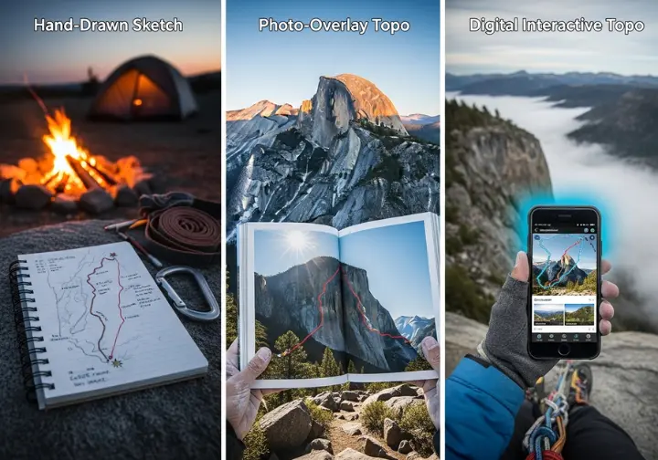 A three-panel gallery showing the evolution of climbing topos, from a hand-drawn sketch in a notebook, to a printed photo-overlay in a guidebook, to an interactive digital map on a smartphone high on a cliff.