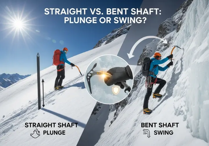 A side-by-side infographic comparing a straight shaft ice axe being plunged for support on a moderate slope versus a bent shaft ice axe being swung on a steep slope, highlighting the knuckle clearance benefit.