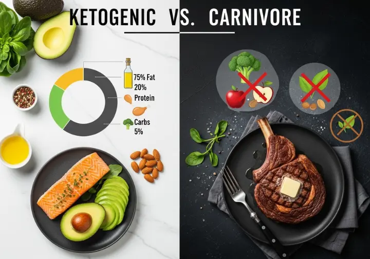 An infographic visually comparing the Ketogenic and Carnivore diets. The Keto side shows a mix of fats, proteins, and low-carb plants, while the Carnivore side shows only animal products and crossed-out plant icons.