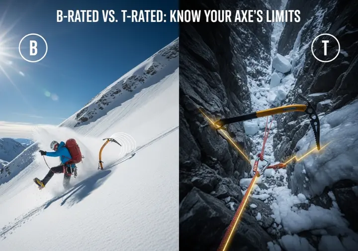 A side-by-side infographic visually comparing a B-rated ice axe used for self-arrest on a snow slope with a T-rated ice axe used in a technical, load-bearing anchor on a steep, mixed route.