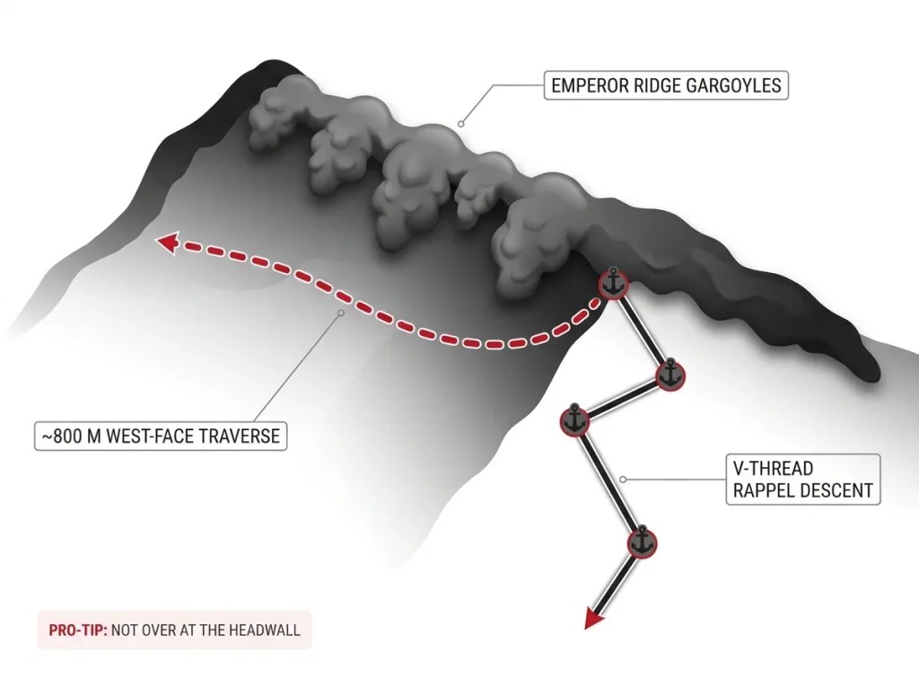 Infographic showing valley clear versus upper face storm plus a freeze-thaw timeline for climbing window planning