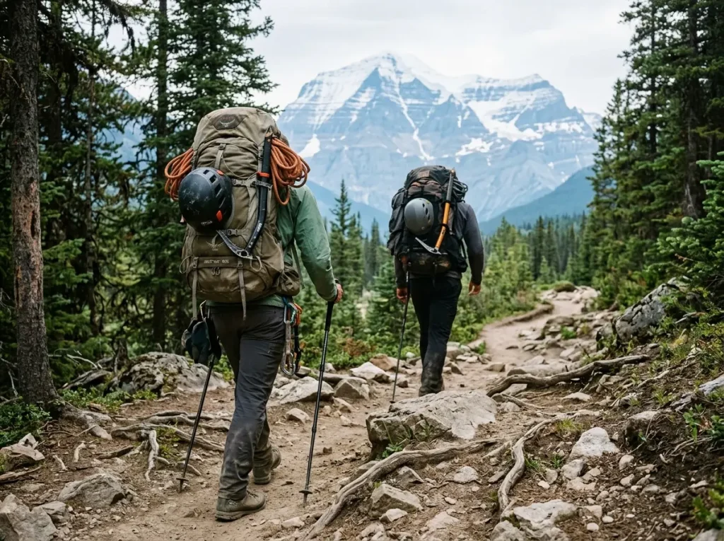 Two heavily loaded climbers hiking the Berg Lake approach trail toward Mount Robson before the climb
