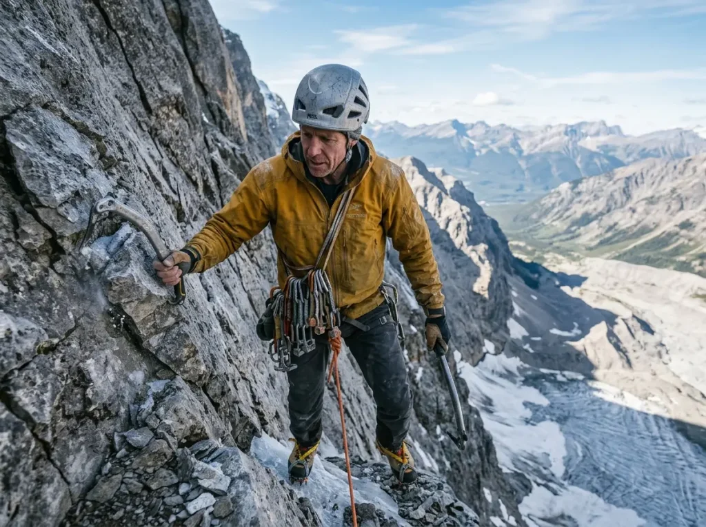 An alpinist leading rotten mixed rock on the central rib of the Emperor Face, old-school committing terrain