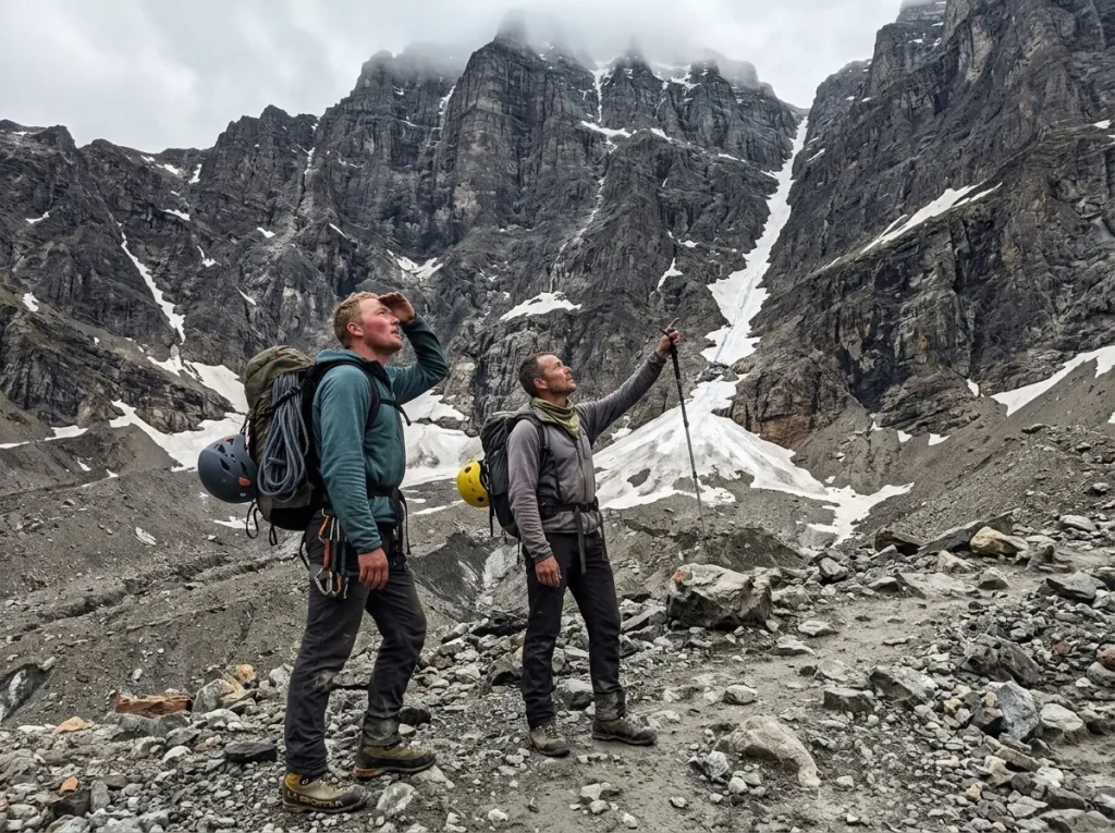 Two small alpinists at the base of the Mount Robson Emperor Face, dwarfed by the scale of the wall