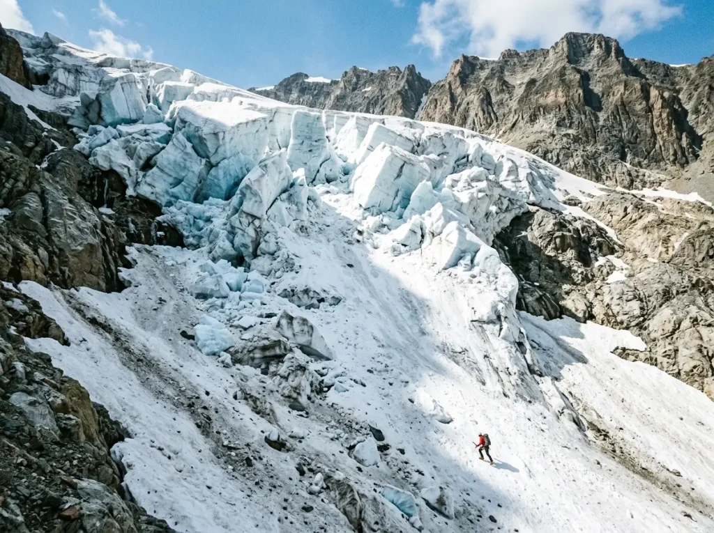 A chaotic serac and icefall zone below the Emperor Glacier, the objective hazard climbers cannot control