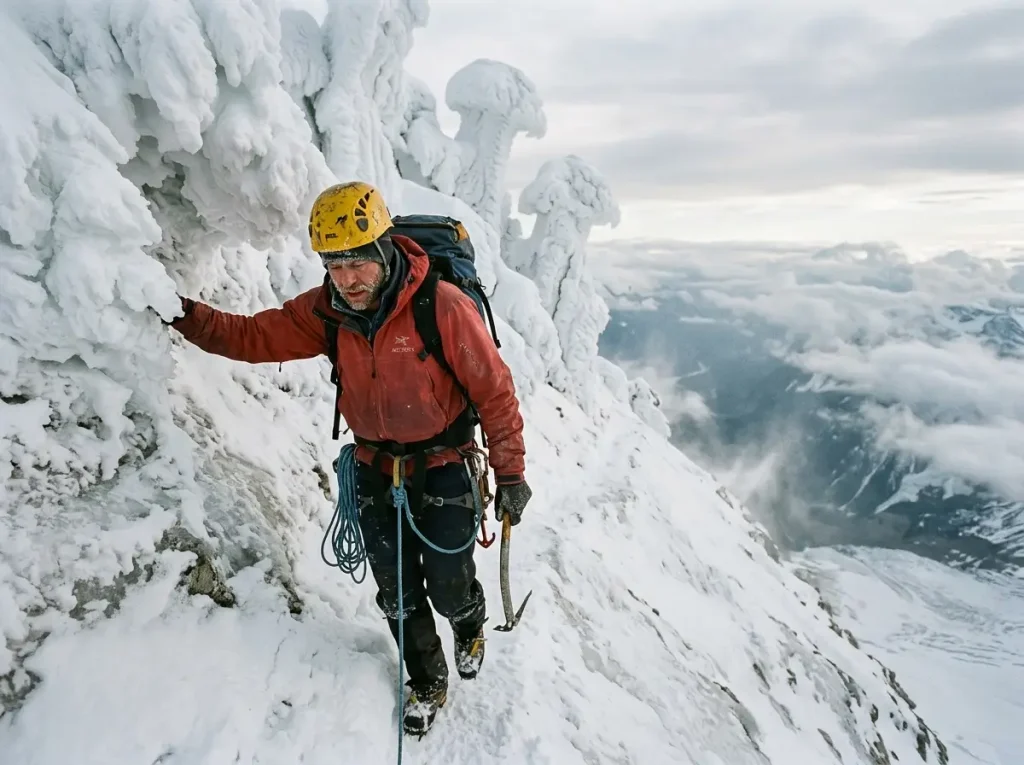 An alpinist traversing below the rime gargoyles of the Emperor Ridge during the dangerous descent